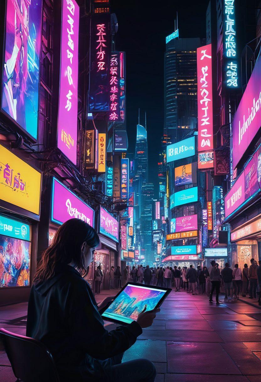 An artistic representation of a vibrant, modern cityscape with illuminated neon signs featuring abstract representations of adult leisure and entertainment. A central figure in the foreground is casually browsing through a digital tablet, showing glimpses of colorful hentai illustrations. The atmosphere should evoke a sense of exploration and curiosity about explicit content in a tasteful manner. The overall style should be cyberpunk with vibrant colors and a hint of whimsy.