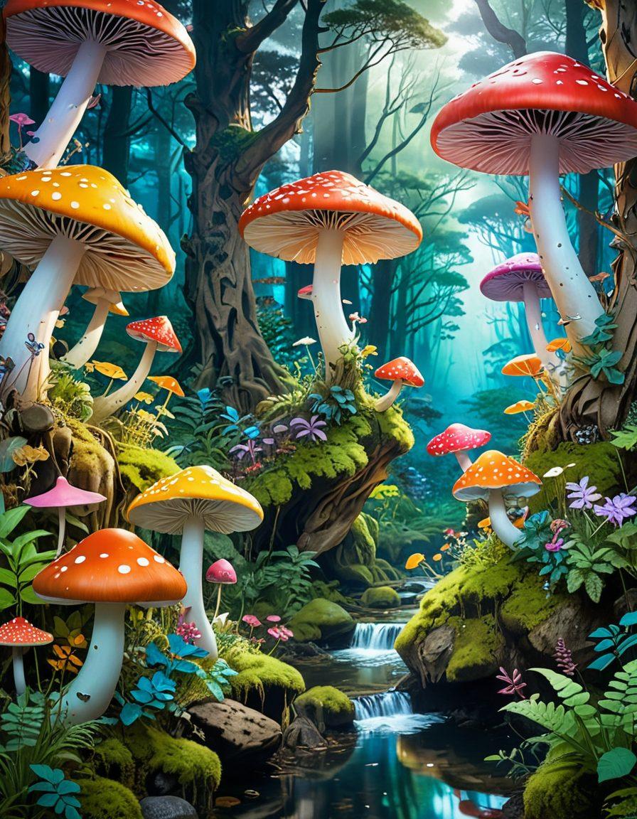 A vibrant, whimsical scene featuring an imaginative forest filled with colorful anime characters and manga-inspired creatures. Include elements of fantasy like oversized mushrooms, sparkling streams, and playful animals, all in a dynamic pose to embody the spirit of adventure. The atmosphere should be alive with energy, drawing parallels to the themes of Hentai in a respectful and artistic way. Use vivid colors and intricate details to capture the essence of exploration within the wild world of anime and manga. super-realistic. vibrant colors. fantasy art.